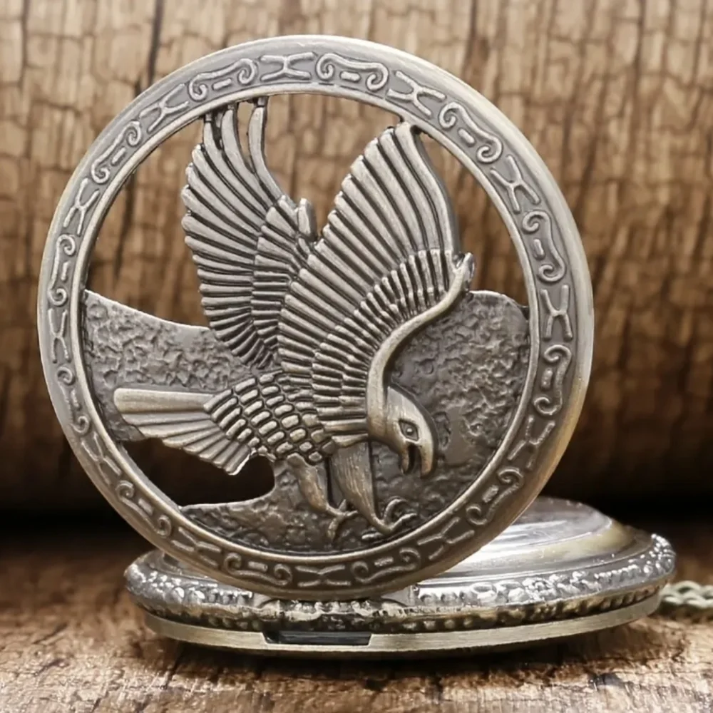 New Eagle Pocket Watch Hollow Flying Hawk Carving Necklace Chain, T1MIS
